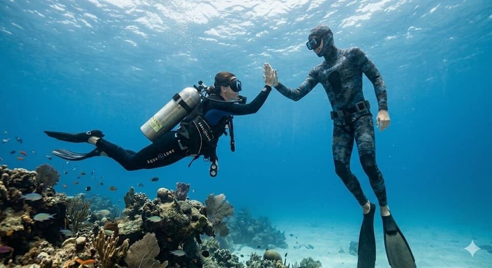 Apnoetaucher und Gerätetaucher unter Wasser